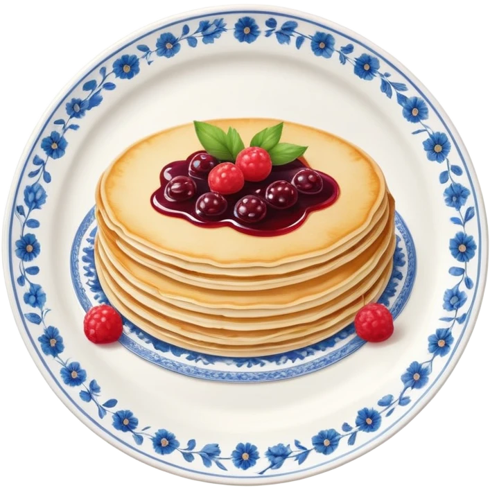 scandinavian round crepes with jam on white porcelain plate with blue floral vintage design emoji