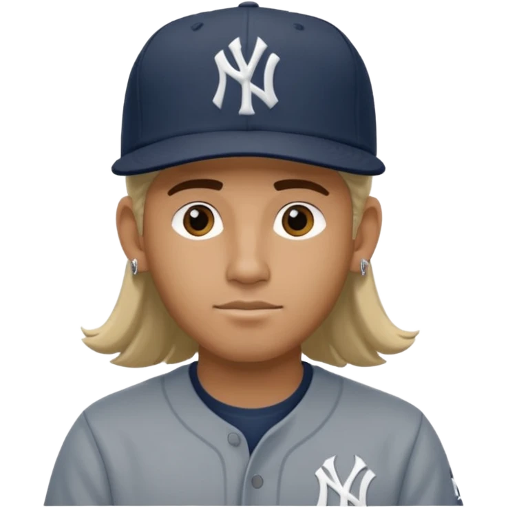 Hazme un moreno con aretes pequeños en las orejas con mucho volumen atrás una gorra plana new York yankee  emoji