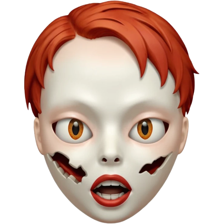 Empty mask resembling a head of a female with short red hair, hollow eye sockets and open mouth emoji