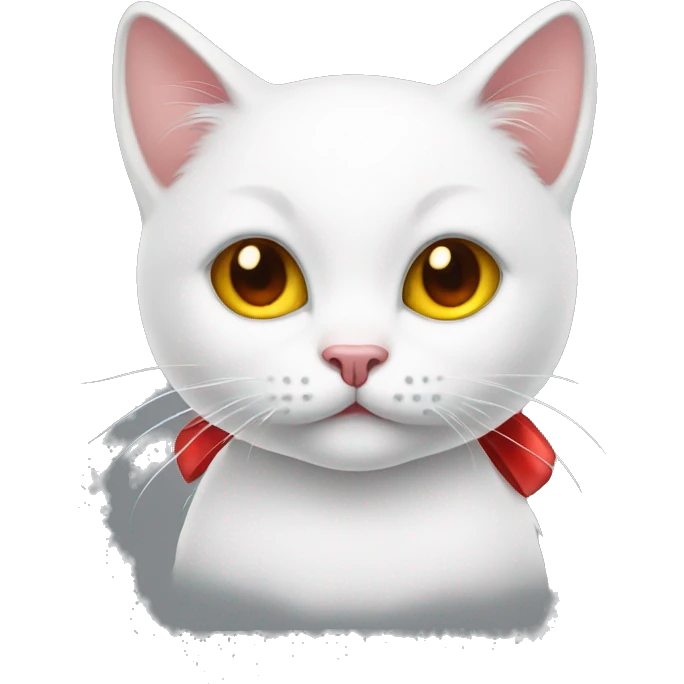 White kitty with red bow and yellow nose emoji