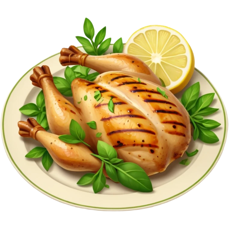 Draw a grilled chicken on a plate with herbs & lemon slices. emoji