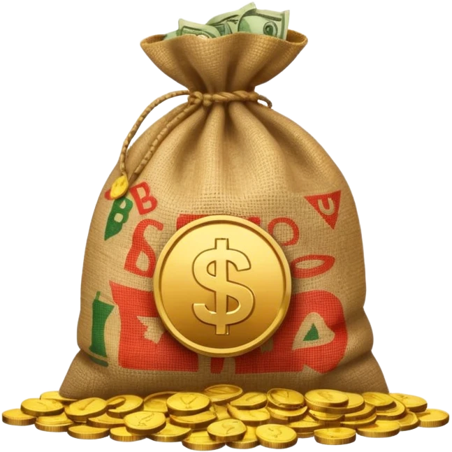 sack of money with a classic play icon (white triangle on dark circle) printed on it, no dollar sign, coins stacked beside emoji