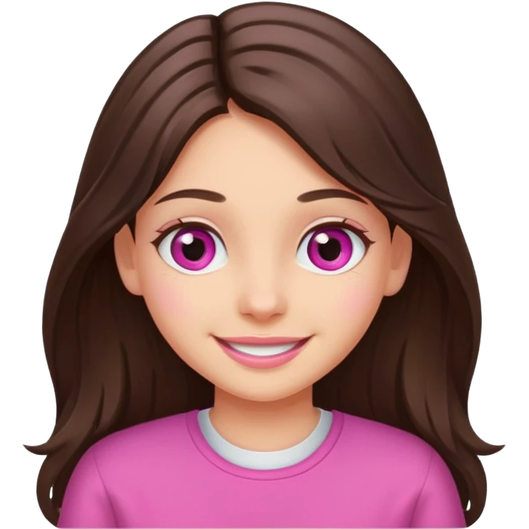 smiling long brunette hair girl with hazel eyes wearing pink writing emoji