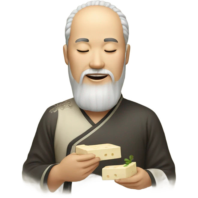Chinese with closed eyes eating tofu and has twirly beard emoji