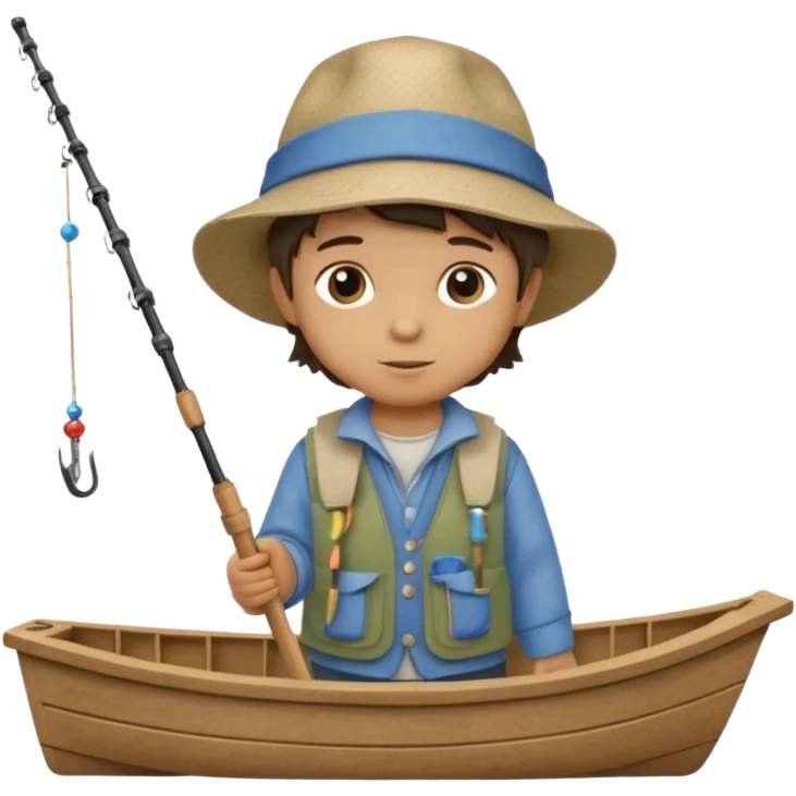 A single Little boy on a little boat fishing, felt texture, scrapbooking, precious moments style character emoji