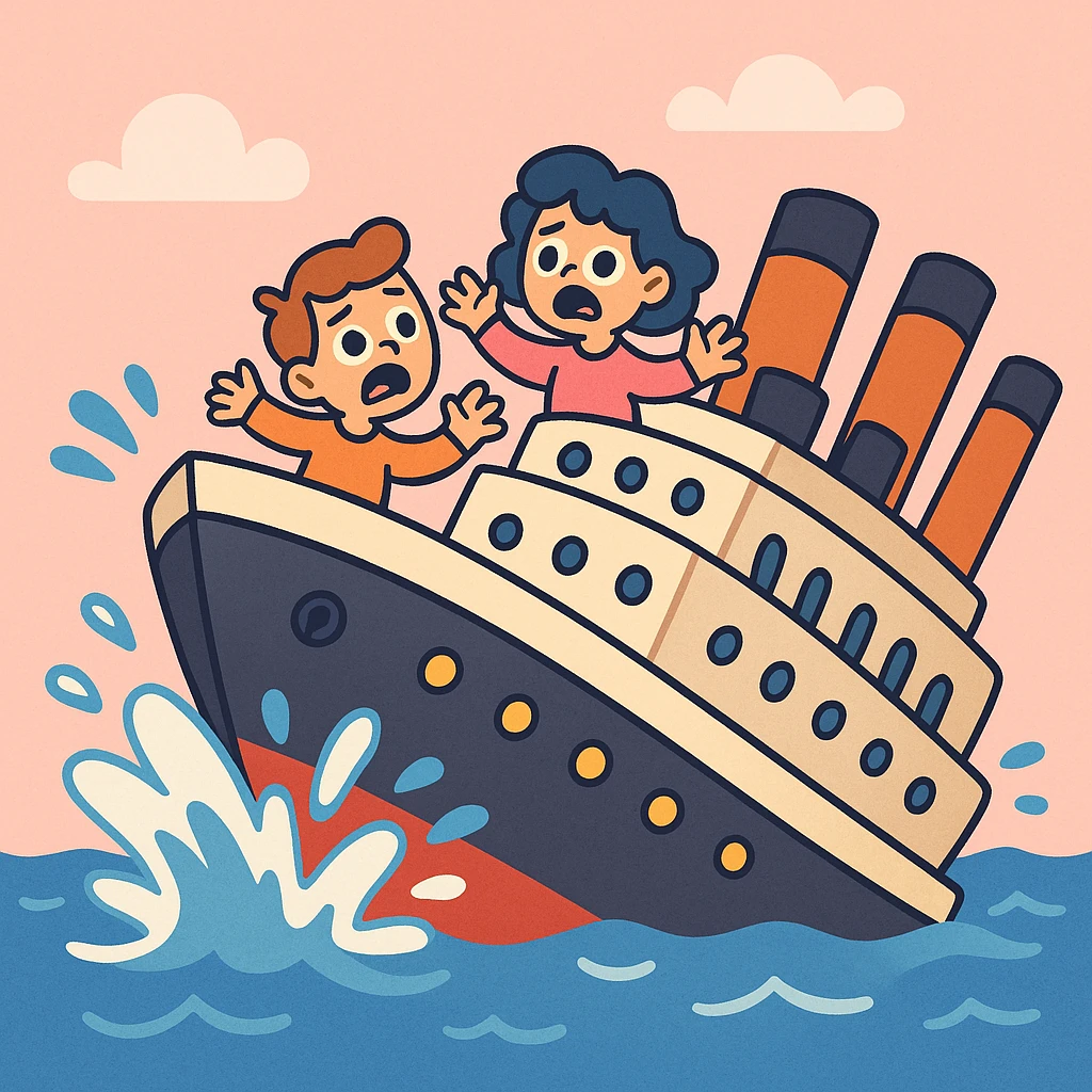 cartoon Titanic sinking with water splashes, cute style, rounded shapes emoji