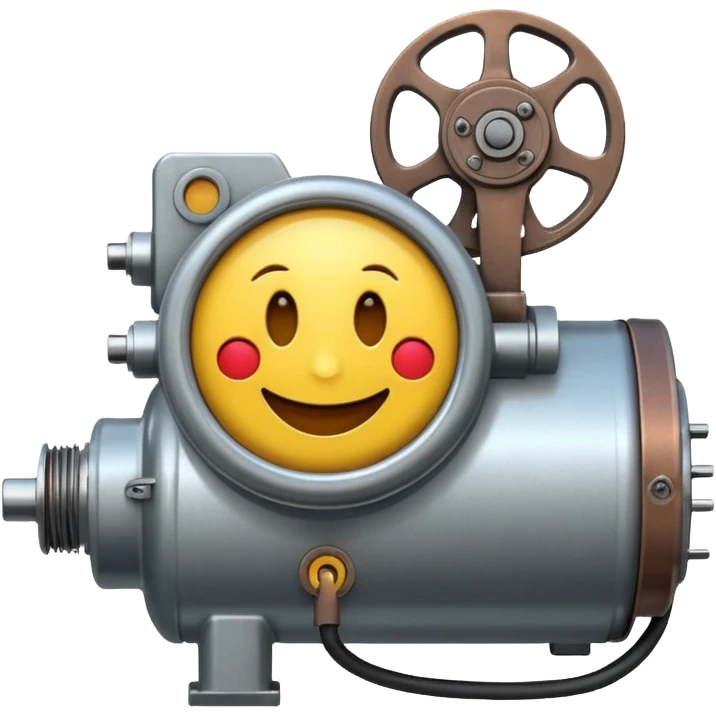Industrial mechanical motor with a smiley face, emoji for the new electric music genre Motor breaks must be friendly and sellable must be small but clear child friendly, ready to use as a logo, motor synth make sure it's not Cold the Face must look like it's part of the machine emoji