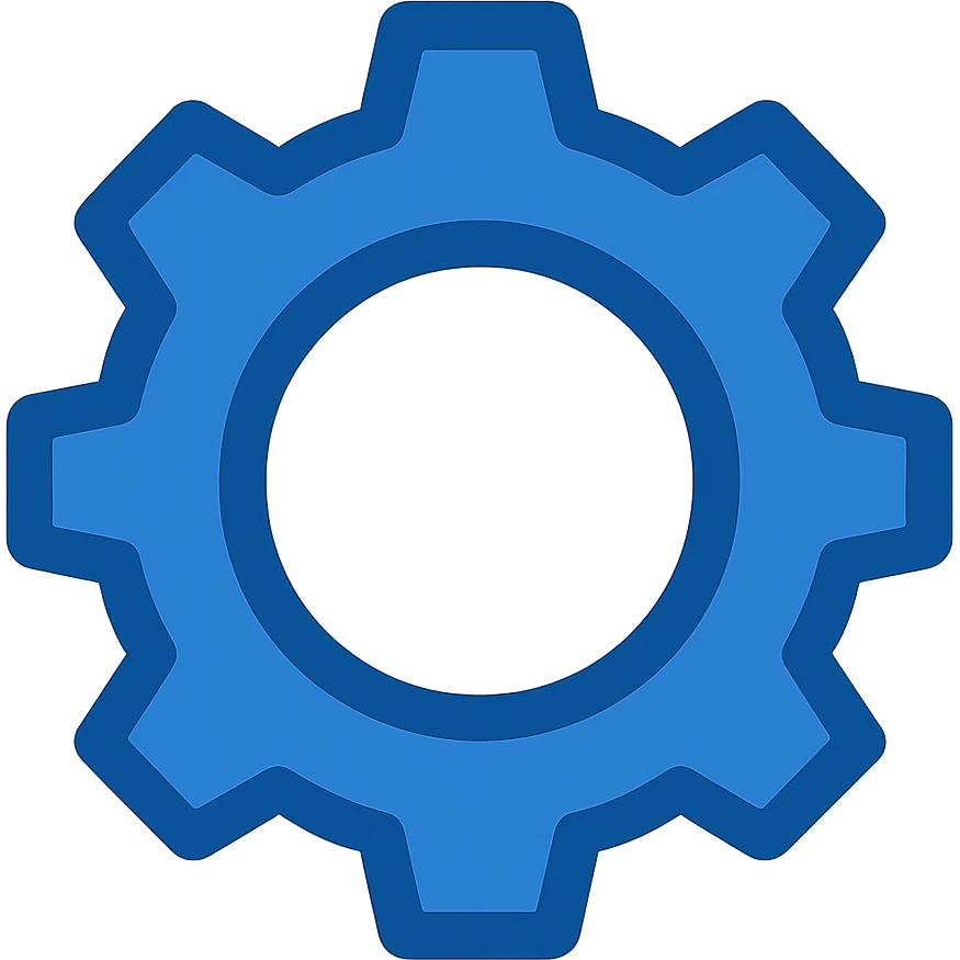 Re-create the settings icon (gear) using almost exclusively shades of blue, with a flat modern look. The gear should be blue with a blue center, minimal use of other colors, and clean, simple lines. Maintain a fully transparent background consistent with previous blue-themed icons. emoji