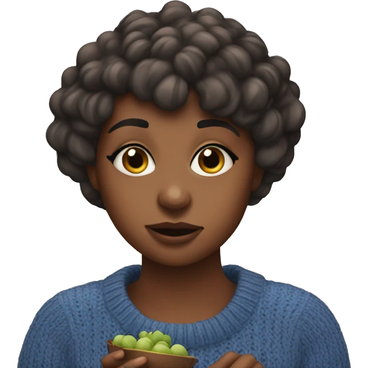 Brown girl with short hair bangs in a blue jumper eating blueberries emoji