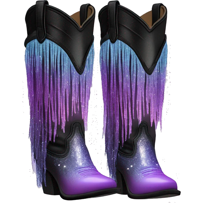 Realistic pastel purple to black ombre pair of fashion cowgirl boots with sparkly shiny glitter fringe on them. emoji