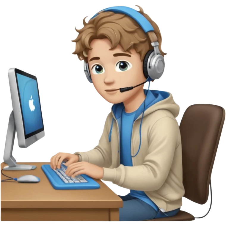 full length of a young man with wavy light brown hair and blue eyes. He is sitting at a desk typing on a computer while wearing headphones emoji
