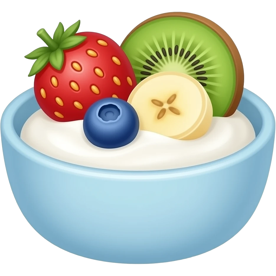 cute greek yogurt bowl emoji, creamy greek yogurt in a small bowl with colorful fruits on top like strawberry, blueberry, banana and kiwi, pastel colors, kawaii style, simple emoji design, sticker style, transparent background emoji