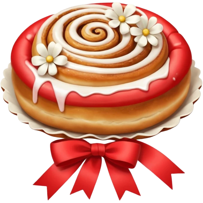 A cinnamon roll , white flowers bouquet with red ribbon and cute white bow emoji