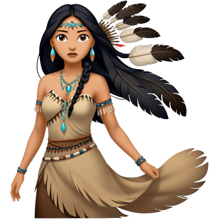 Cinematic Realistic Pocahontas Portrait, depicted with lifelike skin texture, soft natural lighting, and intricately detailed long, flowing raven-black hair that moves gracefully in the wind. Her deep, soulful dark brown eyes exude wisdom and strength, complemented by a serene yet powerful expression. She is dressed in her classic one-shoulder native american dress, with rich fabric textures and delicate beaded details that catch the light beautifully. The portrait features a soft, sun-kissed glow with a natural, radiant finish, capturing the essence of untamed beauty and deep connection to nature in a realistic and painterly style, evoking a sense of depth and authenticity. emoji