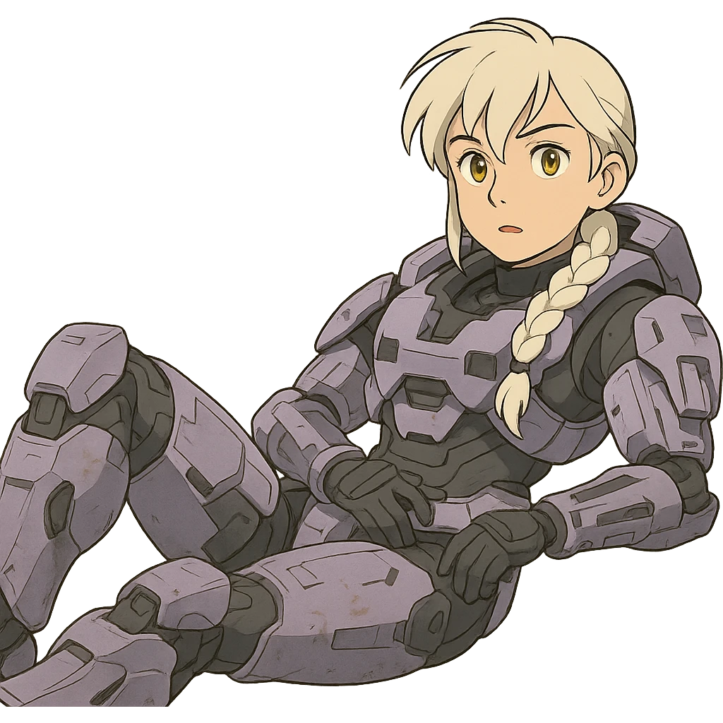 female, wearing reach spartan armor shoulder-unequip, long white braid hair with massive messy front side single bangs, gold yellow eyes, attention pose, HALO:series, no helmet, the armor is lavender color scheme, laying back and relaxing emoji