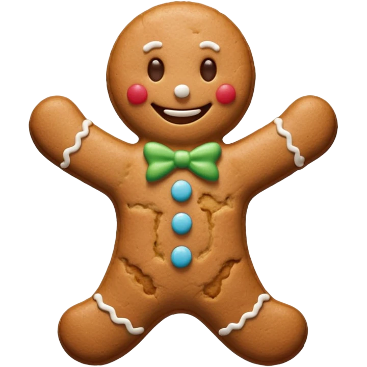 {
    "type": "object",
    "look": "gingerbread man, icing smile, cookie texture, front view",
    "description": "a cheerful gingerbread cookie shaped like a man, smiling with white icing details"
  } emoji