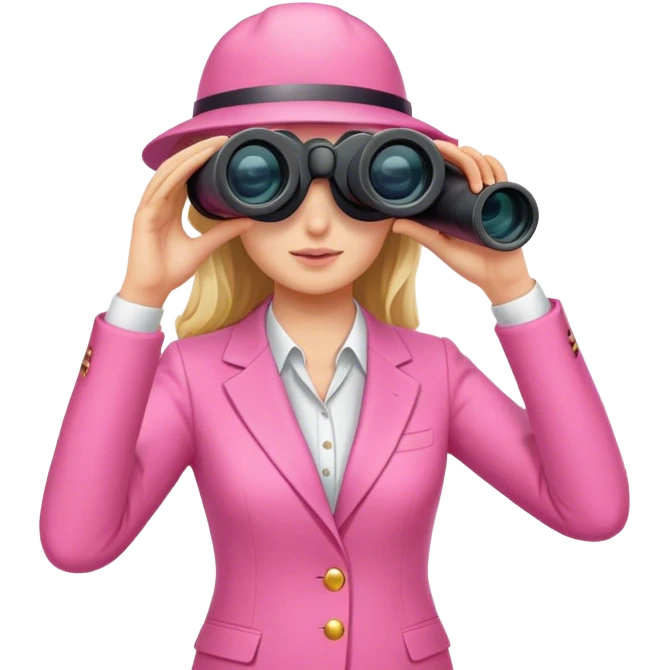 white female employee in pink suit using binoculars emoji