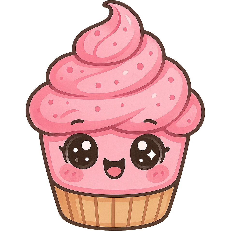 a cute pink cupcake, original design, big eyes, blushing cheeks, joyful emoji