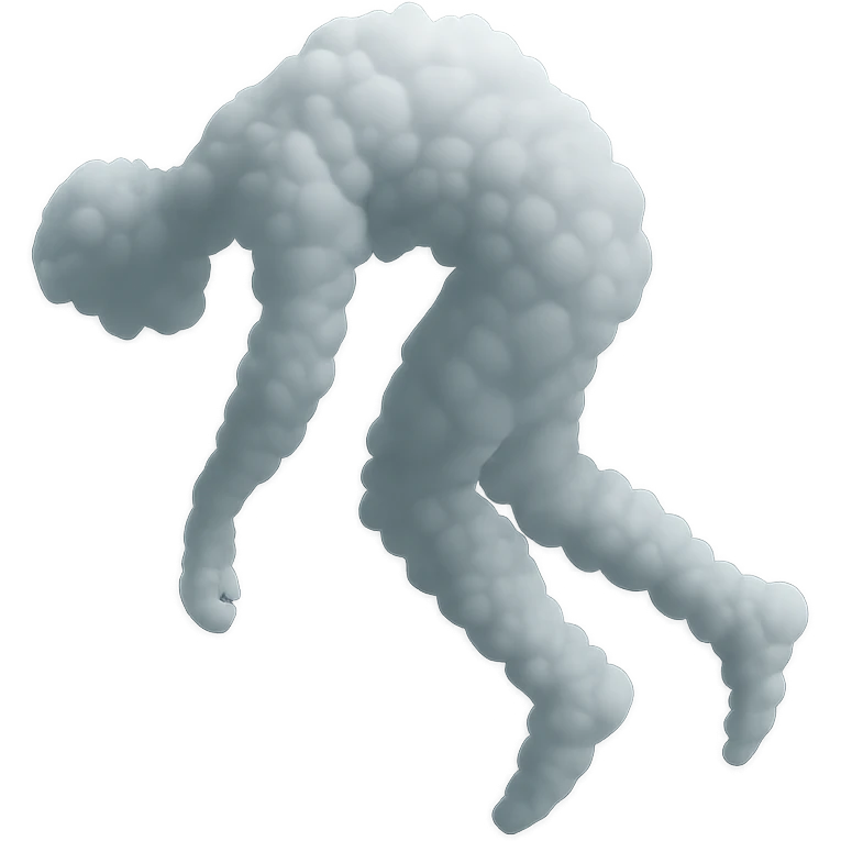 A person made of very small white fluffy clouds in matte glass style, no background and no shadows, unconscious: side view, arms, legs, and head hanging freely down, torso center being pulled up, lifeless pose as if being lifted by the middle of the body. emoji