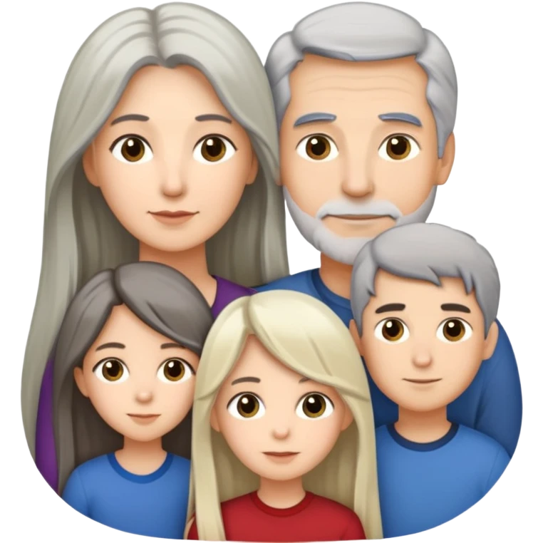 Family of five dad 65 grey hair mother 53 dark medium hair son 16 tall dark hair daughter and 15 blonde long hair daughter 11 long dark hair emoji