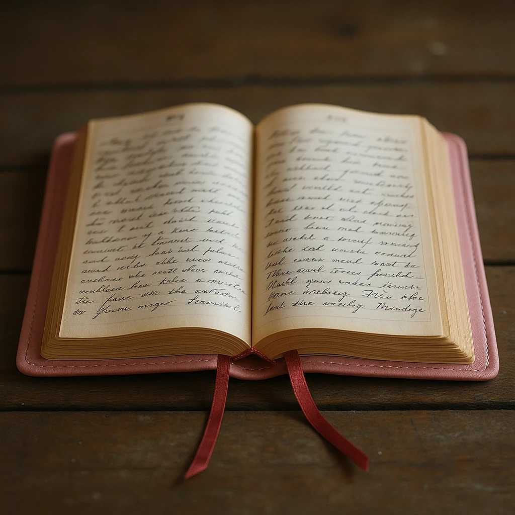 Change the leather cover of the diary to pink, diary open to a page with handwriting and a ribbon bookmark, realistic and detailed style. emoji
