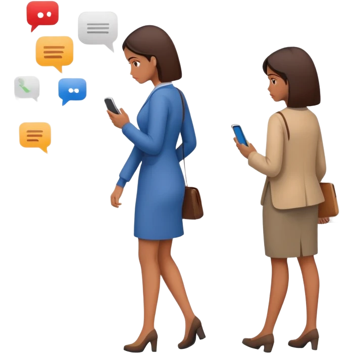 woman walking away from phone with multiple unread message notifications, dismissive expression, turning her back on conversation, phone showing several ignored texts, emotionally detached look emoji