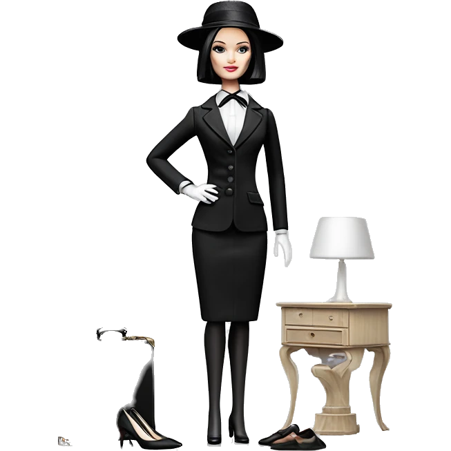 Afternoon Suit Barbie. Wednesday Addams at home. stilettos, gloves, picture hat, Very Pale-white porcelain skin.  emoji