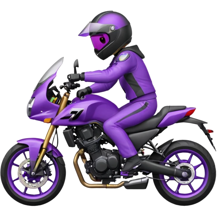 Créer un emoji avec une moto mt07 sport noir mate / violet iridescent très foncé, pare-brise de la moto violet. Avec une pilote dessus, visage masqué par la visière violette . Avec en arrière plan cercle violet. emoji