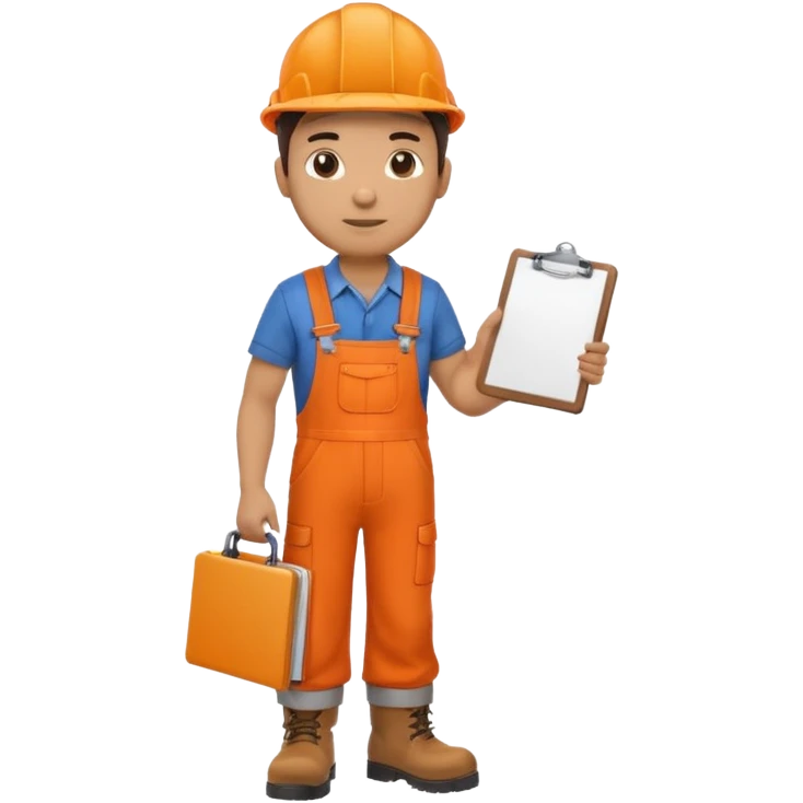 Male railway engineer orange overalls, boots holding a clipboard in one hand emoji