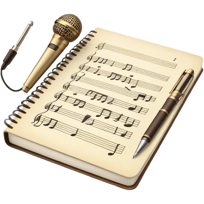 Create an emoji representing songwriting. The design should feature an open notebook or sheet music with visible lyrics between the musical notes, symbolizing the process of writing song lyrics. The text between the notes should be clearly visible. A pen or pencil should be placed near the notebook, indicating active writing. Optionally, include a single vintage microphone lying beside the notebook (not on the music notes) to add a creative touch. Use a harmonious color palette with warm and neutral tones. Do not include any emojis or smiley faces. Make the background transparent. emoji