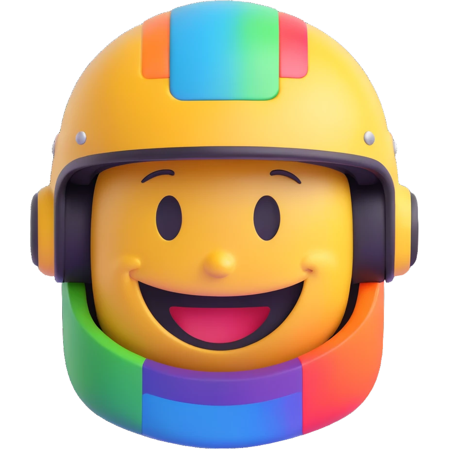 3D smiley emoji, round shape, motorcyclist with colorful helmet: rainbow-colored helmet, smiling face emoji