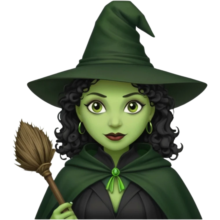 elphaba wicked witch with broom close up, evil dark curly hair, green skin, thick lips, cheekbones, smirk evil menacing cythia erivo dark aesthetic black hat cloak  emoji