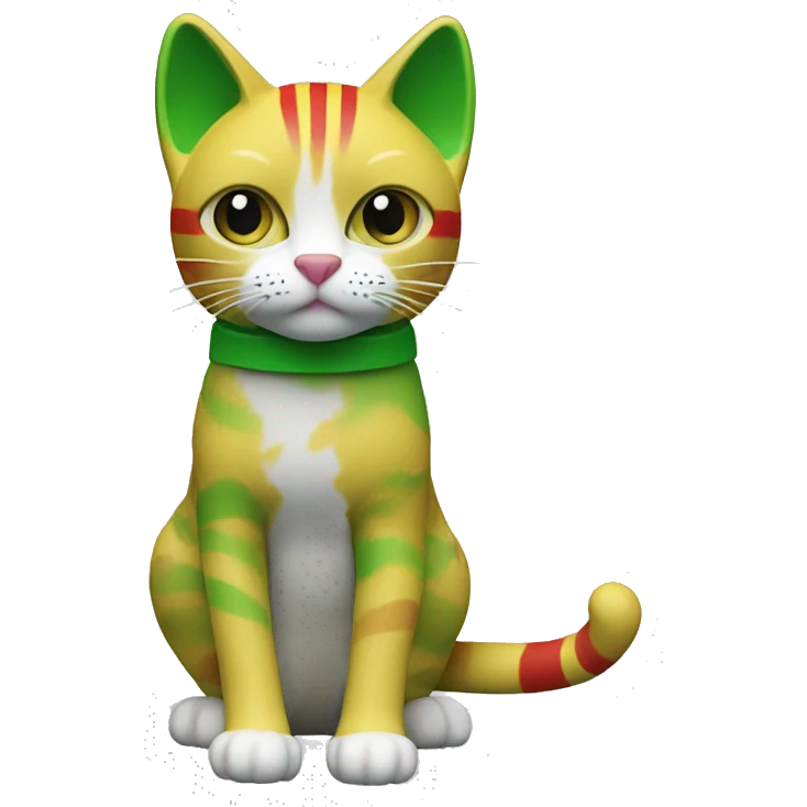 cat doll yellow head, Green right ear, Strip-pattern green white Left, Red body, Black right arm, Green Left arm emoji