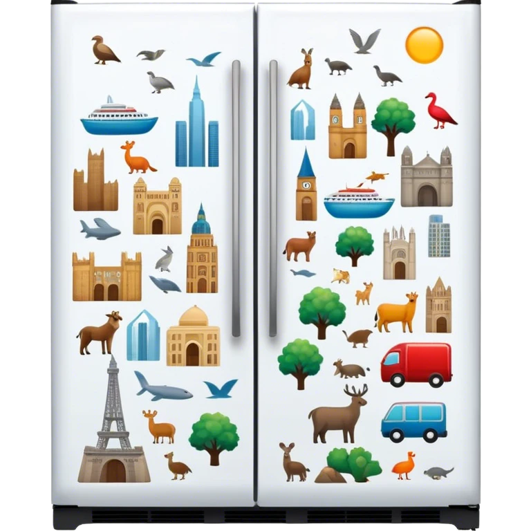 Icon for Magnet Collecting: a close-up of a fridge door covered with a variety of magnets, featuring cities, animals, symbols. The icon should highlight the diversity and charm of magnet collections. Transparent background. emoji