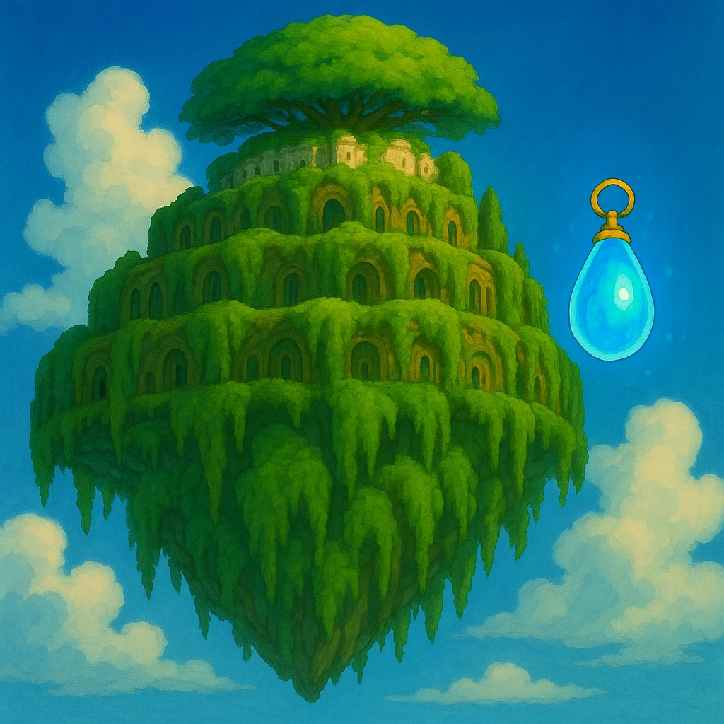 Add the princess's flying stone (levitation crystal) from 'Le Château dans le Ciel' to the scene, glowing and floating near Laputa, in the same Ghibli cartoon style. Do not include the princess. emoji