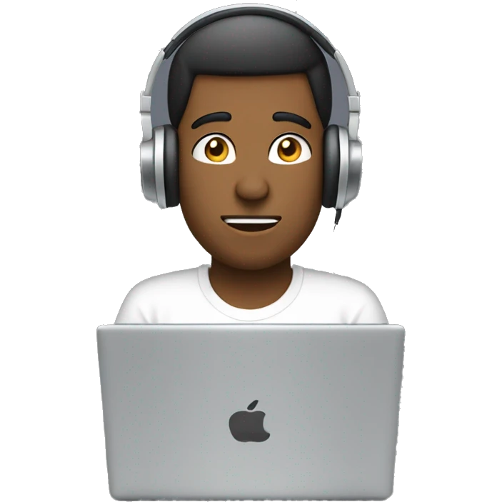 man in headphones talking hold laptop and phone only upper part of body  emoji