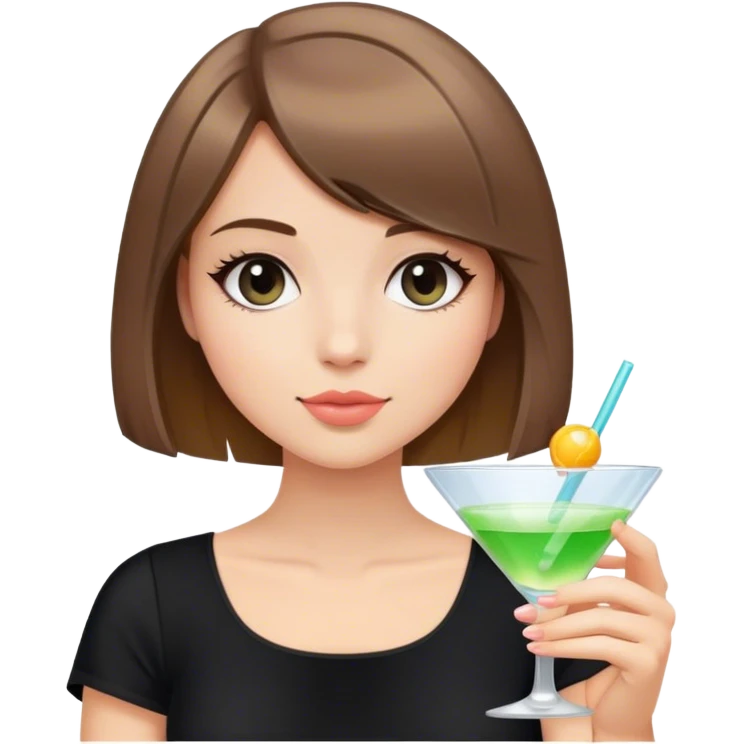 light brunette hair down bob girl black top holding a cosmo emoji