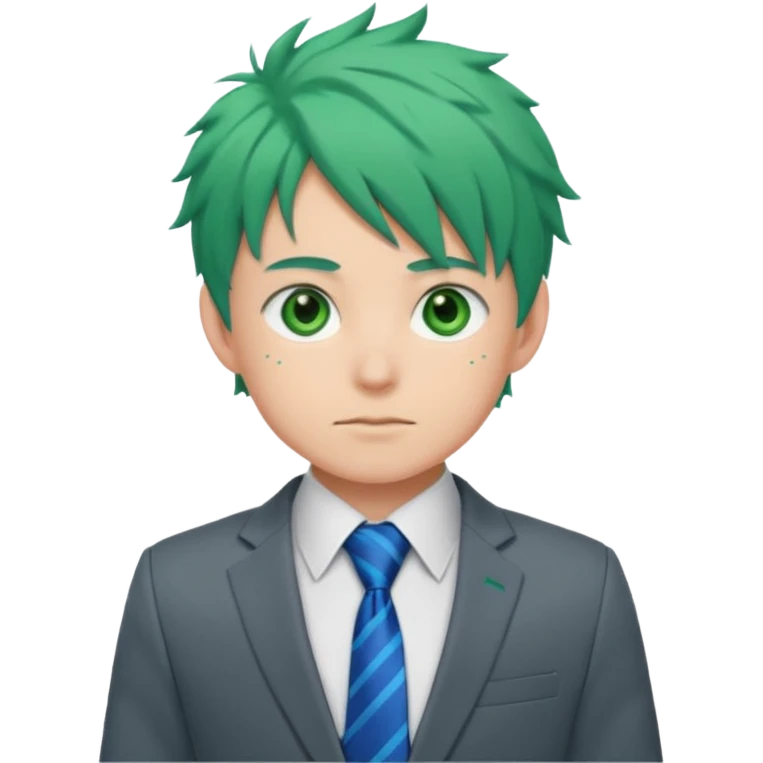 deku : boy anmie green hair green eyes in a ua gray jacket and blue tie suit with frenkles emoji