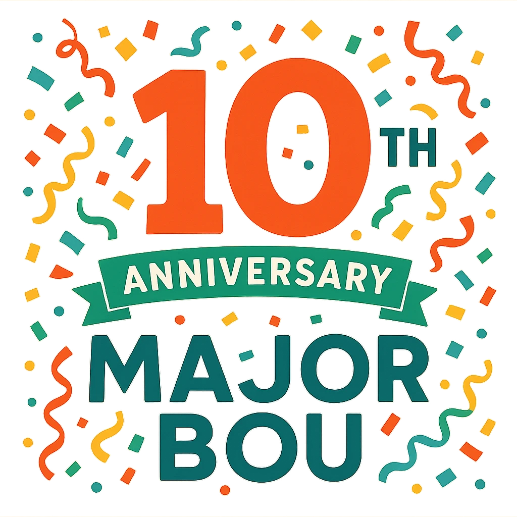Celebratory 10th anniversary logo for Major Bou with confetti and a festive color palette emoji