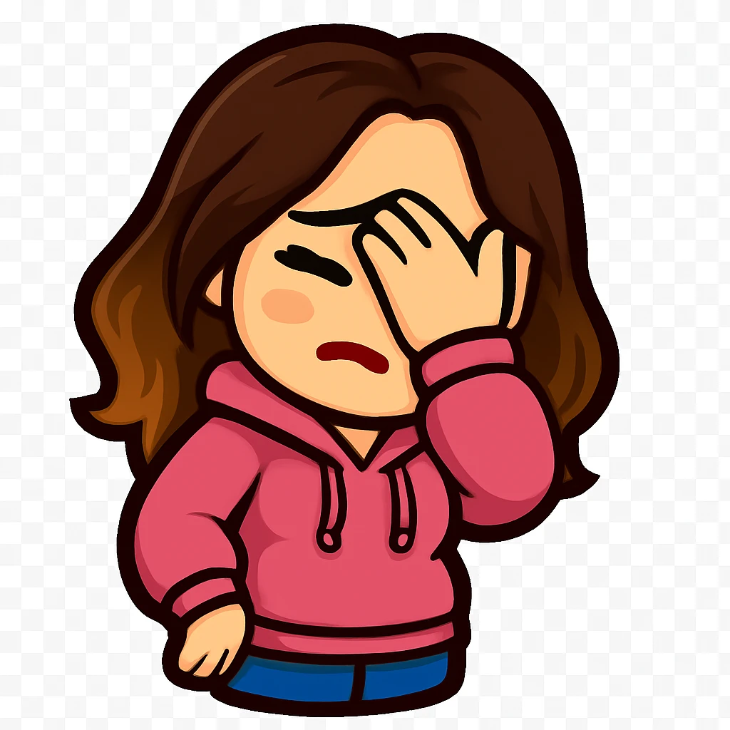 Sticker style chibi emote, matching the attached green heart emote as a base, but with a slightly skinnier body and a bigger chest. Woman from reference, pink hoodie and blue jeans, facepalming, cute embarrassed face, no headband, no wand, transparent background. Top color should not match jeans. emoji