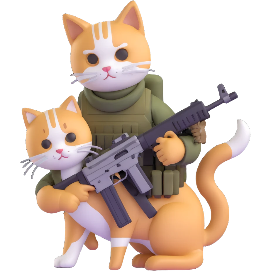 Man in tactical airsoft gear holding a gun in one hand and a white and brown cat in the other hand emoji