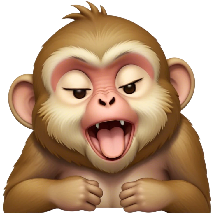 Cinematic Cute Yawning Macaque Portrait Emoji, Head tilted slightly with a dramatic, wide-open yawn, showcasing a gently textured face with half-closed, sleepy eyes and an open, relaxed mouth, Simplified yet irresistibly adorable features, highly detailed, glowing with a soft, cozy glow, high shine, relaxed yet expressive, stylized with a dash of whimsical charm, soft glowing outline, capturing the essence of a drowsy yet affectionate primate that appears ready to stretch out for a nap! emoji