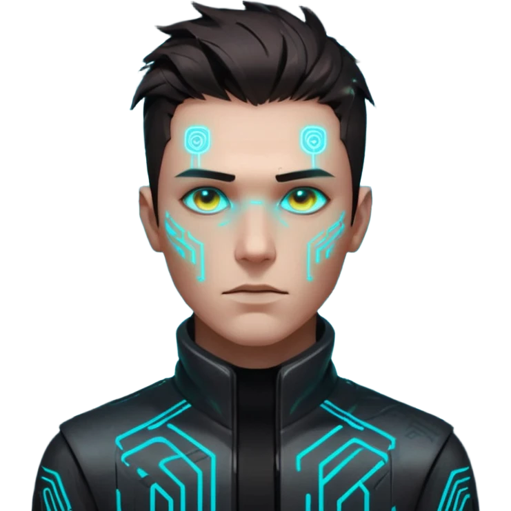 Cyberpunk male head, messy dark hair, glowing circuit patterns tracing from neck to temple, eyes reflecting shifting neon code, clean-shaven, futuristic minimalist aesthetic. emoji