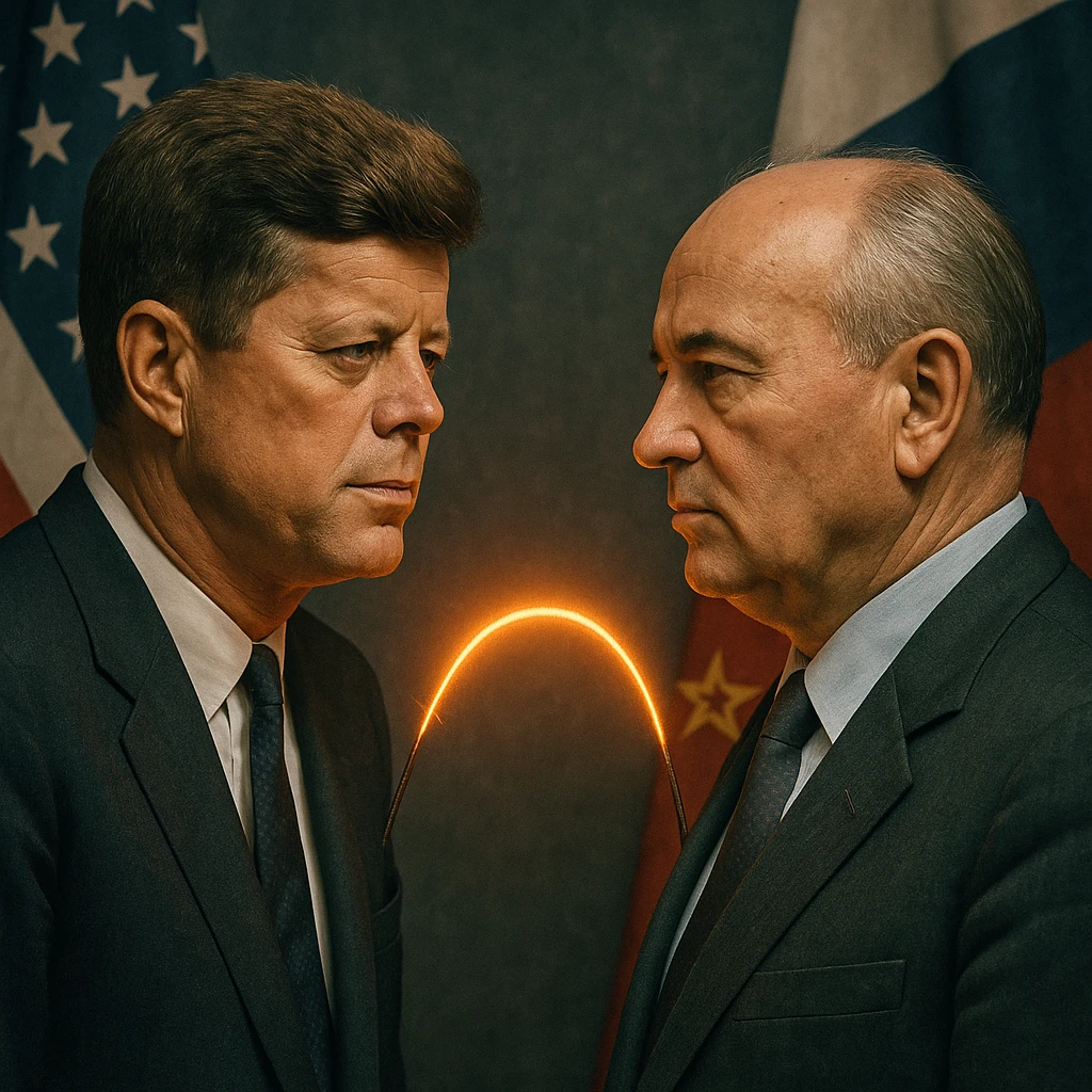 realistic portrait of John F. Kennedy and Mikhail Gorbachev with a glowing hot wire between them, US and Russian flags, Cold War context emoji