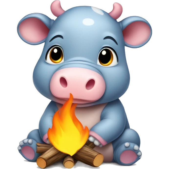 moo deng the baby hippo wearing a flannel by a campfire emoji