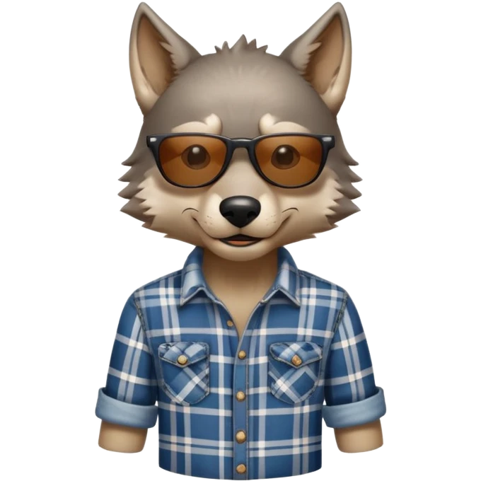 head and shoulders friendly anthropomorphised wolf in plaid shirt and jeans, wearing dark sunglasses, upright pose emoji