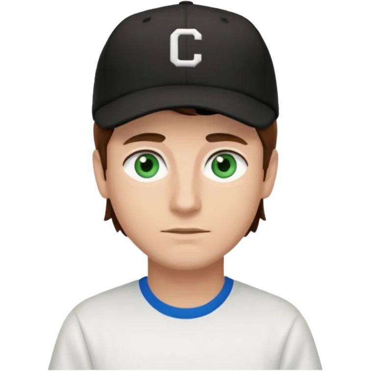 Brown hair man white tshirt black baseball hat green/blue eyes emoji