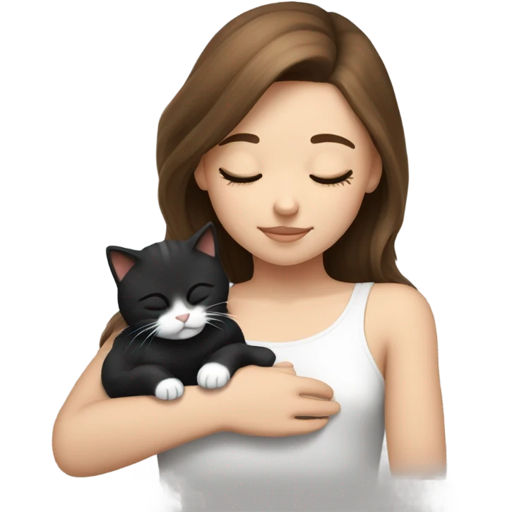 girl brown hair sleeping with black and white kitty emoji