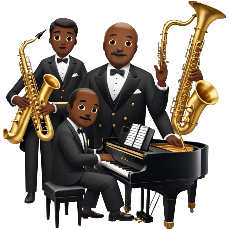 Icon for Jazz Music: Count Basie Orchestra, with Count Basie at the piano surrounded by jazz musicians playing instruments like saxophones, trumpets, and drums. Floating musical notes should capture the energetic and smooth vibe of big band jazz. Transparent background. emoji