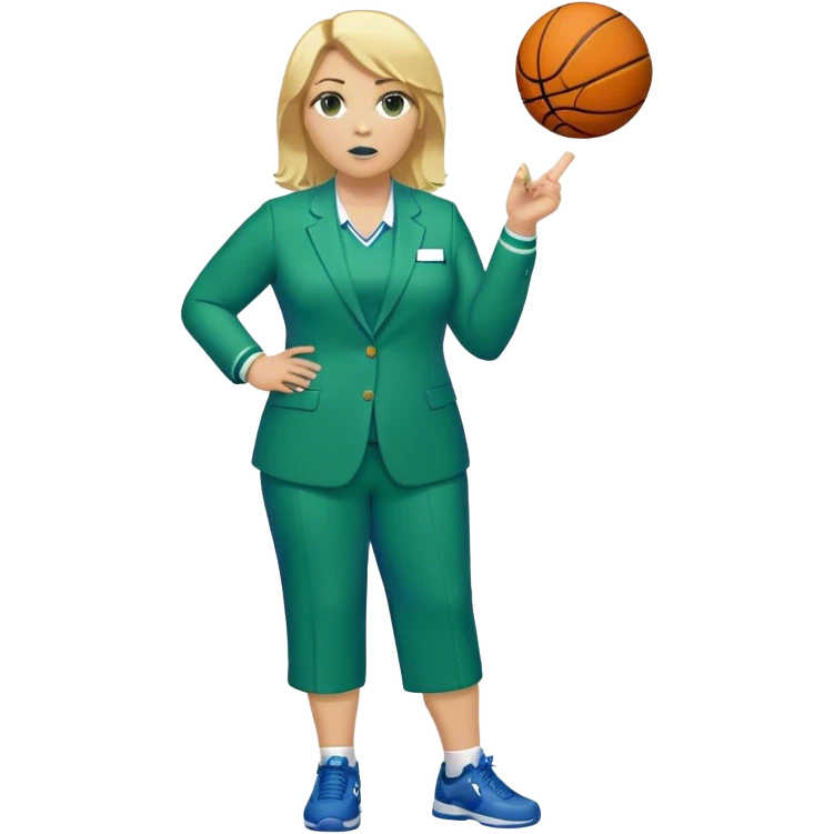 Full Body white plus size female basketball head coach with whistle  blonde hair past the shoulder length in a blue and green suit emoji